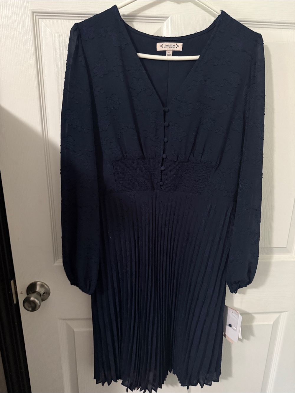 Nanette Lepore Navy Lace V-Neck Pleated Long Sleeve Dress